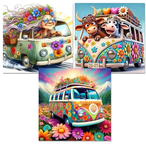Zythron 3 Pack Diamond Art Kits for Adults Bus Diamond Painting Kits for Adults Cartoon Flowers Cow 5D Diamond Painting,DIY Full Drill Gem Art and Crafts Kits for Home Wall Decor 12x12 inch