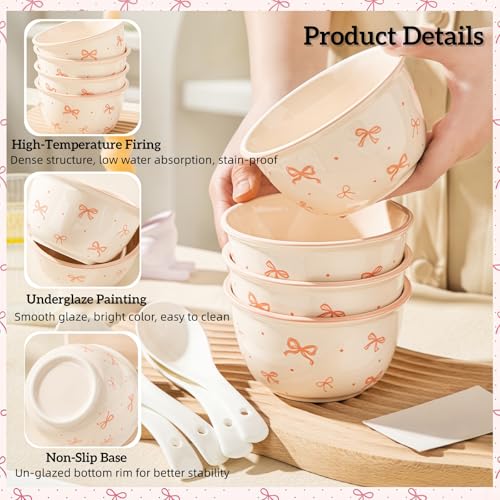 Ceramic Bowls and Spoons set, Rice Bowl Set with Gift Box, Soup Bowls, Dessert Bowls, for Rice, Cereal, Dessert, Soup, Oatmeal, Ice Cream, Salad, Underglaze Colored Ceramic Bowl, 4 bowls and 4 spoons - Image 3