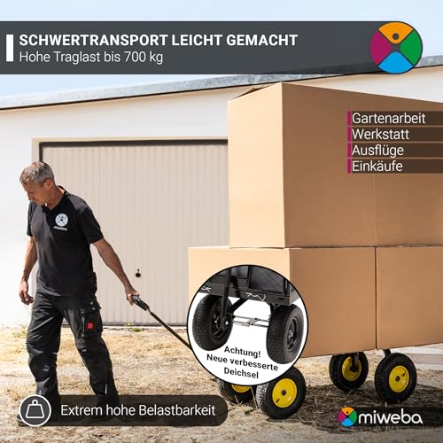 Miweba Bollerwagen MB-700 | 𝟕𝟎𝟎 kg Traglast - Luftreifen - Wände klappbar - Volumen 220 L - Sackkarre - Schubkarre - Transportwagen - Handwagen - Gartenwagen - Wagen - Gartenkarre (Schwarz)