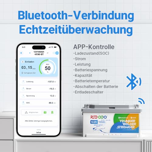 Redodo 12V 100Ah Bluetooth LiFePO4 Batterie mit Smart BMS