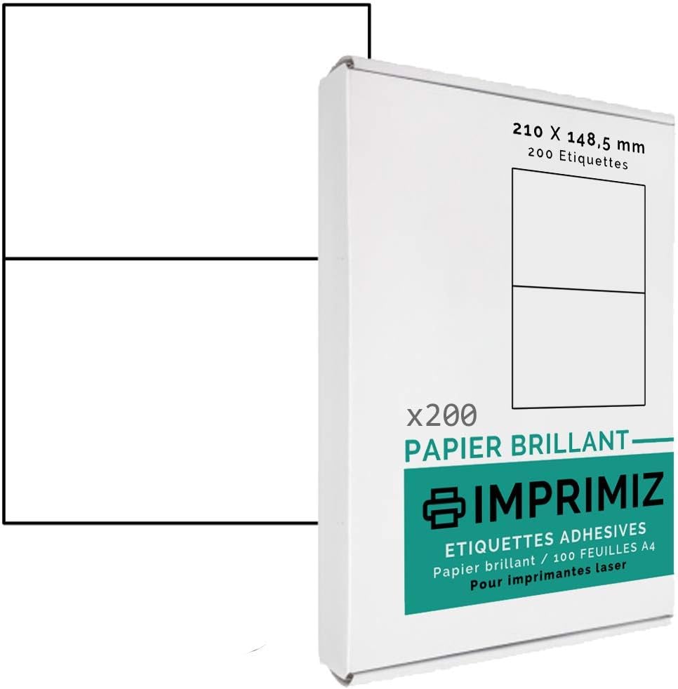 200 Self Adhesive Labels - High Gloss White - for Laser Printers - 100 Sheets A4 Adhesive Labels - 210 x 148,5 mm - 2 Labels per Sheet - Glossy White