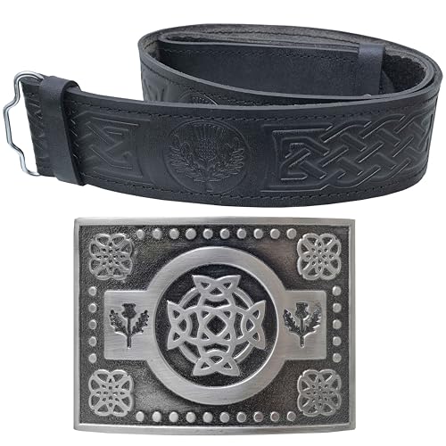 Kilt Belt and Buckle Set, Scottish Thistle Embossed Belt with Antique Celtic Trinity Buckles Pewter - Kilt Belts for Men