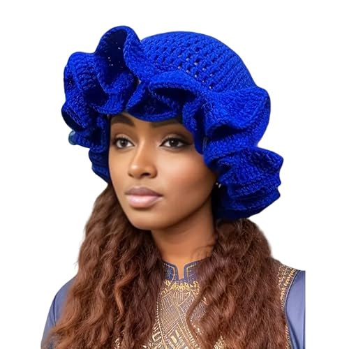 Image of Women Crochet Bucket Hat Cute Winter Ruffled Brim Floppy Cap Handmade Knit Cloche Hats