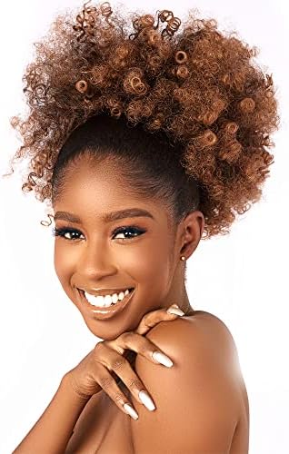 CECINILL Afro Puff kinky curly Drawstring Ponytail Extension for Black Women Synthetic Short Afro Kinkys Curly Afro Bun Extension Hairpieces Updo Hair Extensions with Two Clips(T30#)