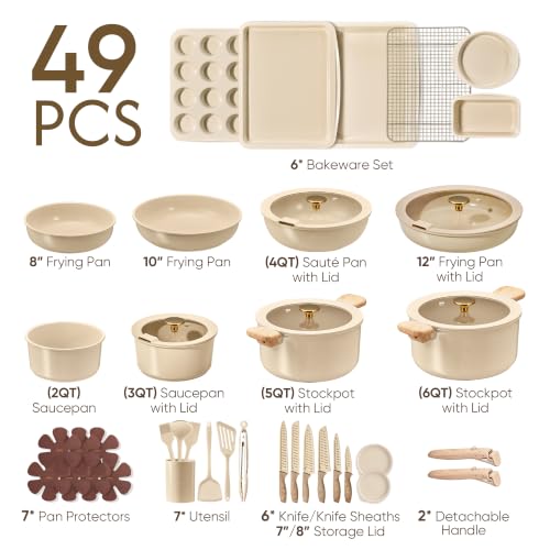Image of CAROTE 49pcs Pots and Pans Set, Ceramic Cookware Set with Detachable Handle | Baking Pans Set, Knife Set, Non Stick, Induction Compatible, Dishwasher& Oven Safe, Space Saving, for Kitchen /RV /Camping