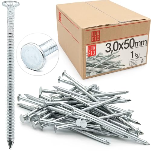 Lun Fix - Rillennagel 3,0 x 50 mm - 1kg (ca. 300 stk.) Holznägel für Bauarbeiten verzinkter Baunägel 50 mm lang Drahtstifte Nägel Flachkopf für Tischlerarbeiten, Dachkonstruktionen, Zimmerleute