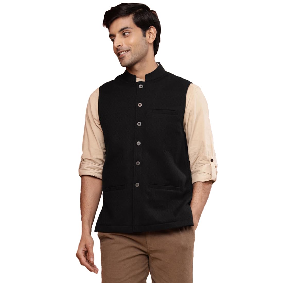 fabindia Men Wool Black Woven Chinese Collar Comfort Fit Nehru Jacket-picture-10