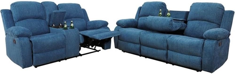 Pemberly Row Contemporary Microfiber Recliner Sofa Set, Blue Finish, 2-Piece Set Includes Loveseat and Sofa, Modern Design, 82"x37"x40" Sofa Dimensions, Living Room Furniture for Relaxation