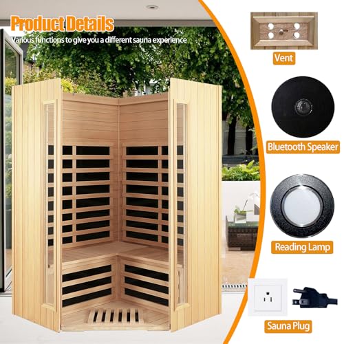 Far Infrared Sauna, 2-3 Person infrared sauna for home, Indoor Home Sauna Canadian Hemlock Wooden Sauna Dry Sauna with 7 Low EMF Heating Panels, Bluetooth Speakers, LED Reading Lights, 1670W - Image 6