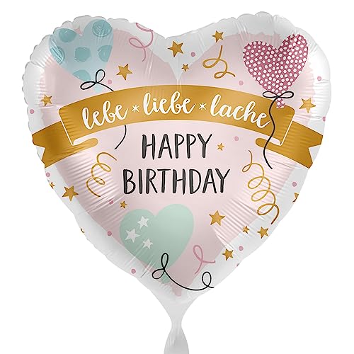 Folienballon Happy Birthday lebe liebe lache Ballon Geburtstag Mädchen Frauen Geschenk Luftballon Herzen Rosa Made in EU