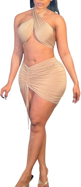 BYDIVA Women Sexy Halter Neck Tops Drawsting Mini Skirts Sets Beachwear Vacation