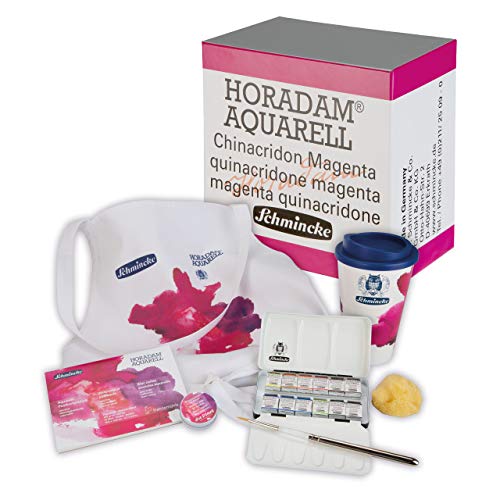 Schmincke - HORADAM® AQUARELL set completo, estuche de acuarela con 12 mediias godets de acuarela fina 74802097, accesorios: papel de acuarela, pinceles, delantal, taza de café/agua, etc.