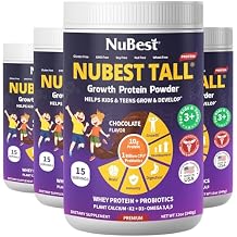 NuBest Tall Protein Powder for Kids & Teens - Chocolate Protein Powder Shake - Protein Drink with Probiotics, Omega 3-6-9, Vitamin D3 + K2, Calcium, Vitamins - Bone Strength and Immunity - Pack 4
