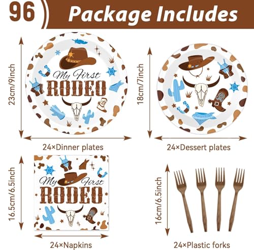 Image of 96 Pcs My First Rodeo Birthday Party Supplies Paper Plates Napkins Western Blue Cowboy 1st Rodeo Party Birthday Tableware Set Decorations Favors for Boy Baby Shower Serves 24