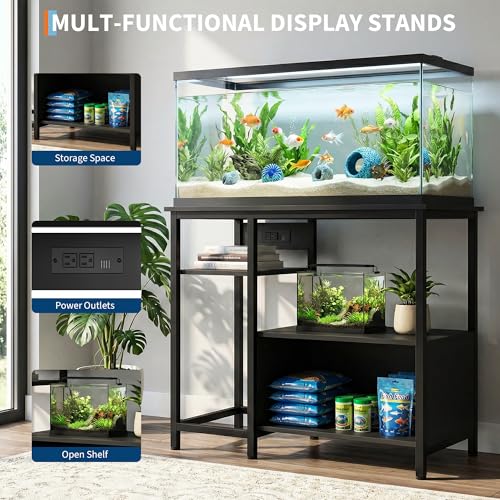 Image of Garvee 40-50 Gallon Fish Tank Stand with Power Outlets | Heavy Duty Metal and Wood Aquarium Stand with 4-Tier Open Storage Shelves and Sturdy L