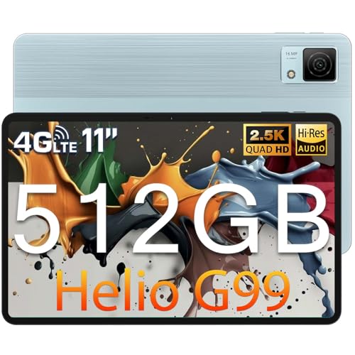 DOOGEE T40 Android Tablets, 512GB ROM (2TB TF)+20GB RAM, 2.5K Tablet 11 Inch, Helio G99, 8580mAh/18W, Gaming Tablet with Sim Card Slot, 3.5mm Jack/16MP/5G WiFi/Hi-Res/Quad Speakers/Face ID, Blue