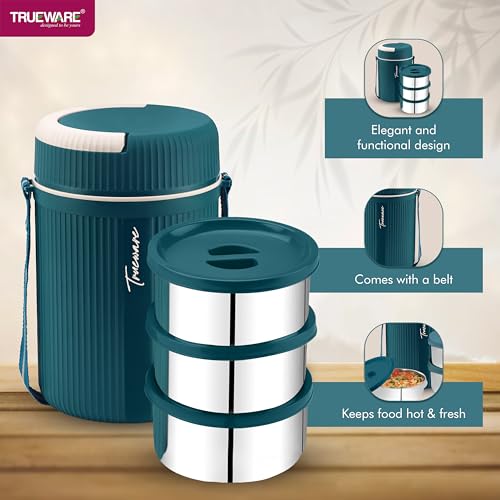 Image of Trueware GRUB 3 Double Wall Insulated Hot Lunch Box with 3 SS Container 300 ML Each | Bpa Free | Food Grade | Hot and Fresh Many Hours (Blue) (LBI-GRB-003-Blue BAZ)