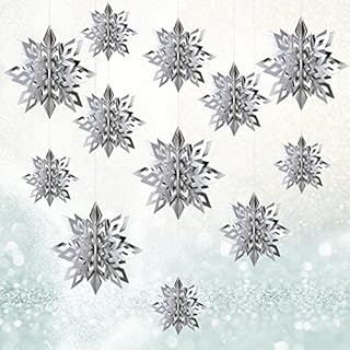 3D Snowflake Hanging Decorations,12 Pcs Paper Christmas Decorations, Foil Hanging Snowflake Decoration with String, Silver Christmas Ceiling Hanging Decorations for Xmas Winter New Year Party Wedding