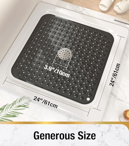 Image of HITSLAM Shower Bathtub Mat Non Slip, 24 inchx 24 inch Bath Mat for Tub, Soft PVC Shower Mats for Inside Shower with Suction Cups and Center Drain Hole, Machine Washable Bathroom Floor Mat, Black