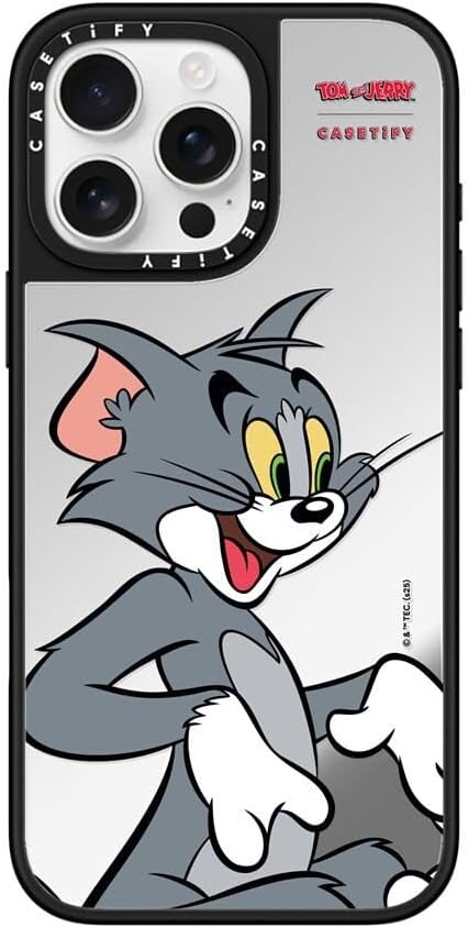 CASETiFY Mirror Case for iPhone 16 Pro Max [Tom and Jerry Colab/Reflective / 4.9ft Drop Protection/Compatible with Magsafe] - Tom Character - Silver on Black