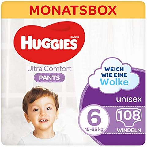 Huggies Ultra Comfort Pants Größe 6, 15 bis 25 kg, Für aktive Kinder, Mit Nässeindikator und Wolken-Taillenbündchen-Technologie, 108 Windeln, Monatsbox, Monatspack, Großpackung Cover