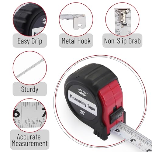Image of Mr. Pen- Retractable Tape Measure 25 ft, 2 Pack, Red, Steel Retractable Measuring Tape with Fractions