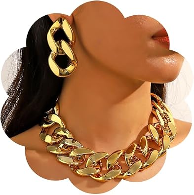 CJIAYUJEW Chunky Gold Necklace Bracelet for Women Chunky Aureate Cuban Chain Necklace Bracelets Set Punk Silver Thick Chain Link Choker Earrings Trendy Hip Hop Statement Choker Necklace Jewelry