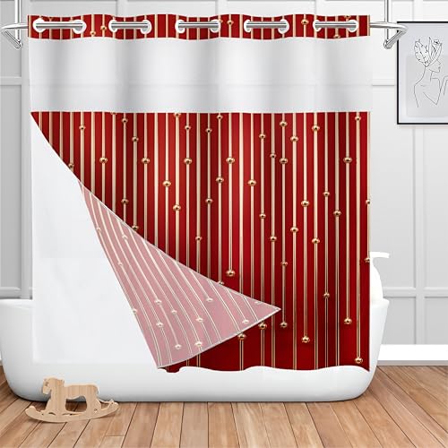 Shrahala Vintage Red Shower Curtain with Snap in Liner Set, Champagne Gold Parallel Lines No Hooks Stall Curtain Waterproof for Bathtubs Magnetic Hem 71 X 74 in