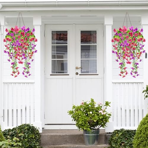 SHEPIN 4 Stück Hängepflanze Künstlich 2 Farben Kunstblumen Hängend Draußen Wetterfest, 75cm Künstliche Hängepflanzen Blumen wie Echt Eukalyptus Seidenblumen für Outdoor Terrassen Balkon Blumenampel
