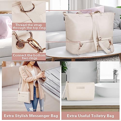 Etronik Weekender Bag For Women, Expandable Travel Duffel Bag With Usb Charging Port, Gym Bag With Shoe Compartment And Wet Pocket, Carry On Tote Bag For Women Travel Airplanes 3Pcs Set, Beige #TOP4