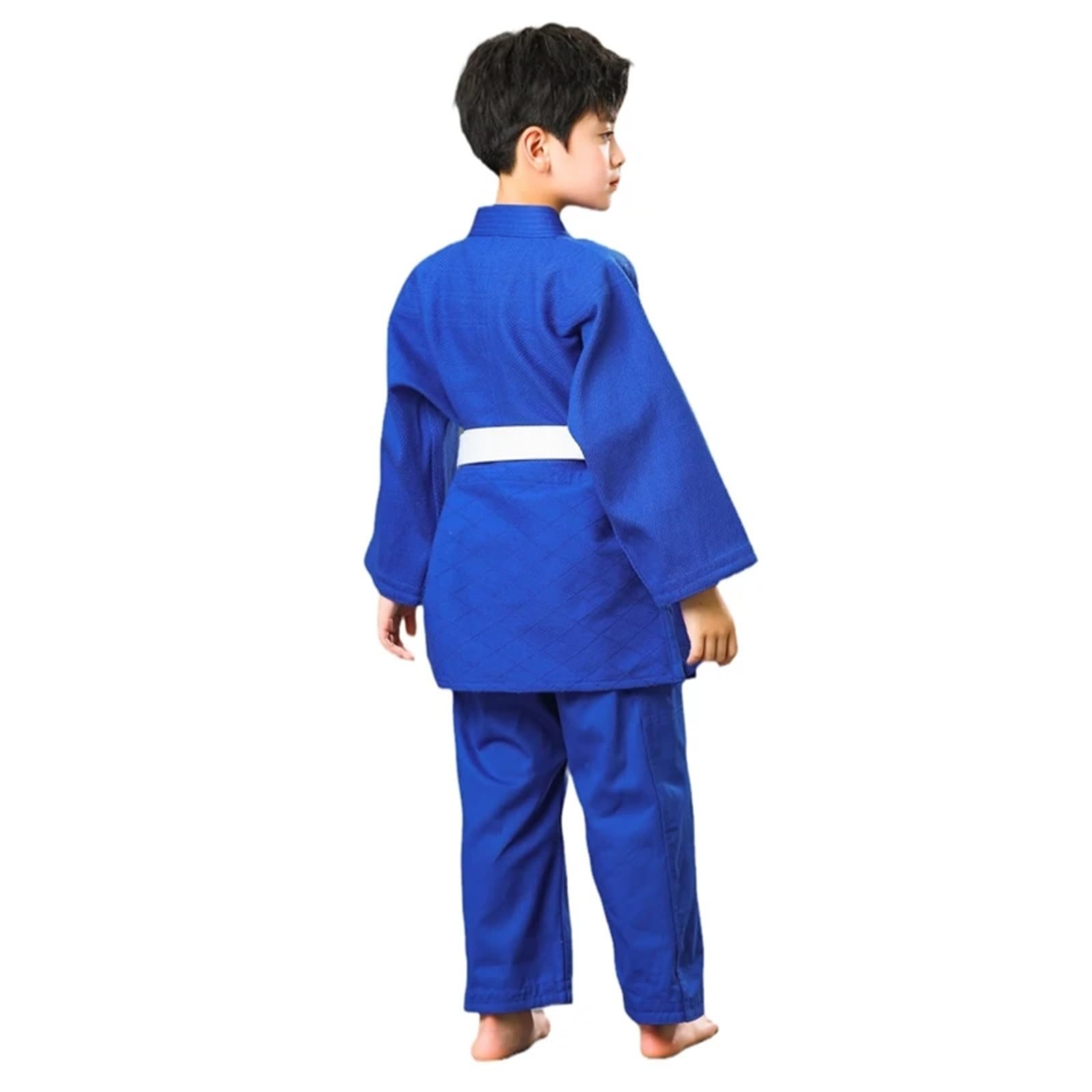 Traje De Judo Trajes de Judo Gi tejido único for competición o entrenamiento, pantalón tipo kimono, blanco y azul con cinturón