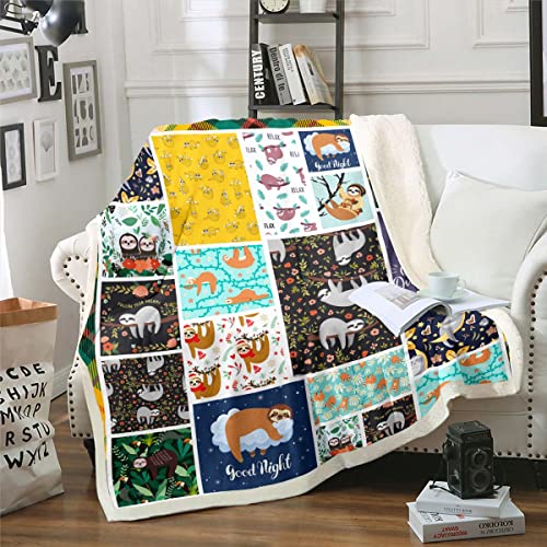 Erosebridal Sloth Kids Throw Blanket For Boys Girls Kawaii Animal Sloth Bed Blanket Teens Women Kawaii Room Decor Plush Blanket, Nature Plants Decor Patchwork Pattern Blanket, 90"X90" #TOP25