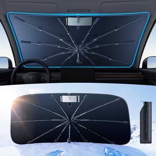 [2024 Newest] andobil Car Windshield Sun Shade Umbrella [Multi-dimensional Heat Blocking & Cooling] Protect Interior from UV & Keep Car Cooler, Spring Design for Most of Car SUV Truck (57″ L x 33″ W)