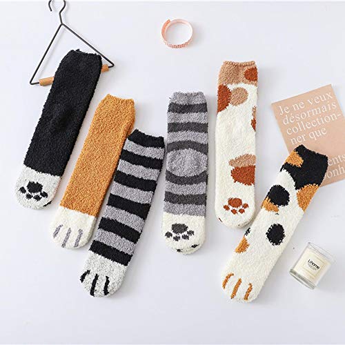 Preisvergleich Produktbild Alecony 5 Paar Damen Wärme Wintersocken,Kuschelsocken Flauschige Haushalt Niedliche Katzenpfoten-Print Socken,Warme flauschig Wintersocken,Weihnachtssocken,Fuzzy Haussocken für Mädchen Frauen (Gelb)