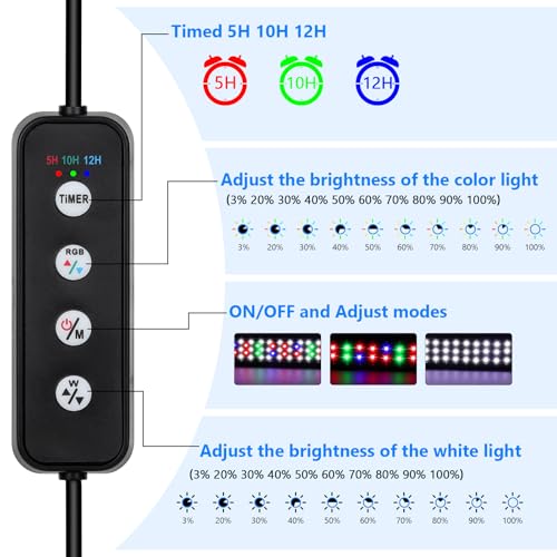 AQQA Full Spectrum Aquarium Light,Fish Tank Lights for Plant Growth Fish Viewing,3 Mode White Blue Red Green LED Beads,Timer,Adjustable Brightness,Extendable Brackets for Freshwater 26W for 32-40inch by AQQA - Image 3
