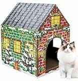 AVXINSOK Christmas Cardboard Cat House with Scratch Pad Large Christmas Cat Scratching Playhouse Scratcher House for Indoor Xmas Cats Cardboard Cat Play Box (Red and Green)
