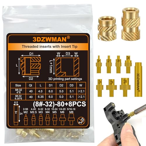 #8-32 M2 Threaded Inserts with M2-M8 Heat Set Insert Tools,Brass UNC knurled Nuts for 3D Printing Components and Plastic Parts(40Pcs #8-32 * 4 * 6 and 40Pcs #8-32 * 6.35 * 6)
