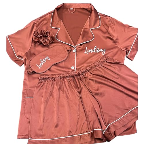 Personalized Luxury Pajama Set for Women with Sleeping Mask & Scrunchie - 2 pieces PJs - Satin Bridesmaids Pajamas2