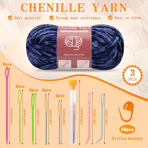 Image of LUNARM Chenille Yarn 3 Pack 3.5oz Chunky Blanket Velvet Yarn 263 Yard | Dark Blue Chunky Chenille Yarn for Beginners Crocheting Hand Knitting Scarves with Big Eye Needles Machine Washable
