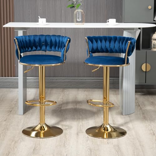 Image of Creative Blue Velvet Bar Chair | Modern Adjustable Bar Stool for Home, Kitchen & Bar Use | Electroplated Metal Base | 1.87 Feet Seat Height | Tufted Design | Qty 2