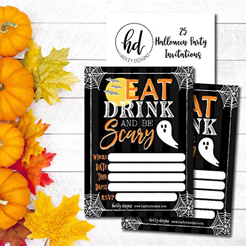 25 Eat Drink And Be Scary Halloween Invitation Cards For Kids Adults, Vintage Birthday Or Wedding Bridal Or Baby Shower Paper Invites, Black Cat Ghost Costume, Diy Horror Spooktacular House Bash Idea #TOP3