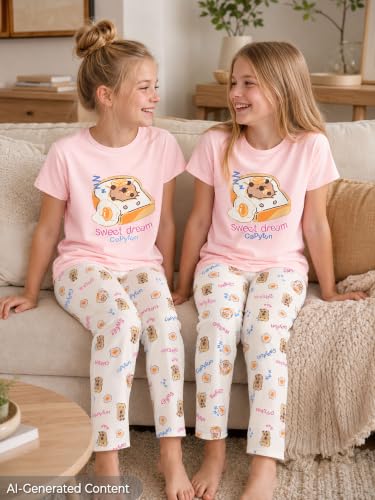 Image of Beezizac Girls Pajamas Cute Print Short /Long Sleeve Pants Set Size 6-18 | Soft Stretch Poly Blend, Comfy Crewneck, Elastic Waist Pants, Everyday & Holiday Sleepwear for Big Girls, Tweens & Teens