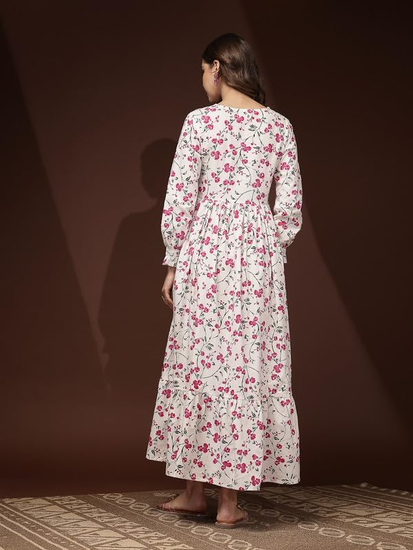 Image of Daevish New Gold Printed 3 /4 Sleeves Flared Maxi Length Dress for Women & Girl's | Maxi Dress for Women | Women Flared Dress