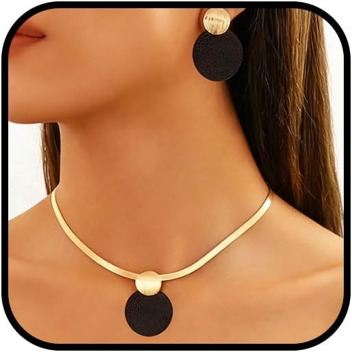Gold Statement Necklace and Earrings Set, Chunky Herringbone Chain White/Black Charm Pendant Choker Necklace Dangle Earring Jewelry Set for Women