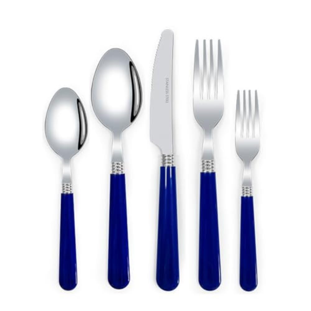 Thickened Plastic Handle Kitchen Stainless Steel Silverware Tableware Flatware Cutlery Set Steak Knife Fork Spoon Tea Spoon (Blue,5 Pieces)