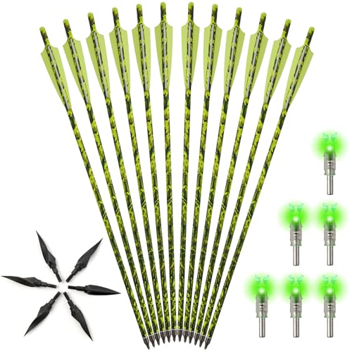 S F 20 inch Crossbow Bolt Carbon Crossbow Arrow 12 Pcs with 6 Green Lighted Nock, Hunting and Outdoor Practice Lighted nocks for Arrows nockturnal Lighted nocks