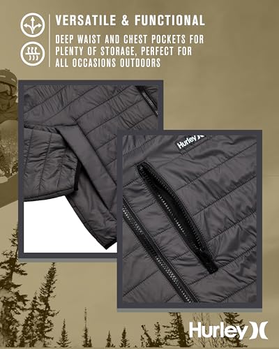 Image of Hurley Mens Puffer Jacket - Lightweight Packable Insulated Winter Coat for Men - Weather Resistant Quilted Outdoor Jacket