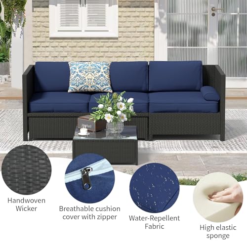 Image of 4 Pieces Outdoor Patio Furniture Set, Sectional Convertible Sofa Bed, Rattan Patio Conversation Sets with Side Table for Garden, Patio, Backyard, Black & Navy Blue