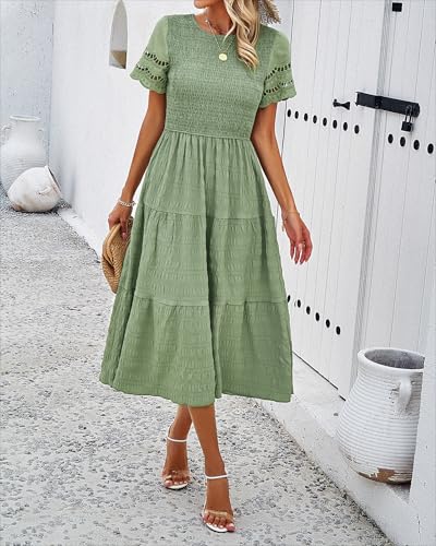 Image of Sumleno 2026 Women's Summer Midi Dresses Short Sleeve Smocked Tiered Dress Vacation Beach Wedding Guest Elegant Boho Sundress