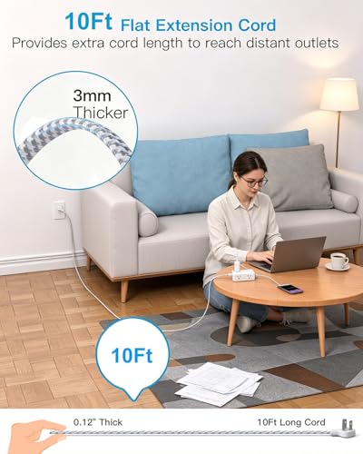 Image of 10 Ft Flat Plug Extension Cord with Multiple Outlets, Surge Protector Power Strip 10 Ft Long Cord, 8 Outlet 4 USB Ports (2 USB C), Multi Outlet Wall Plug for Office, College, Dorm Room Essentials
